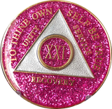 AA Medallion Pink Glitter Tri-Plate Sobriety Chip Year 1 - 45 - RecoveryChip