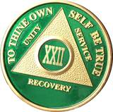 AA Medallion Green Gold Plated Year 1 - 65 Alcoholics Anonymous Chip - RecoveryChip