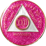 AA Medallion Pink Glitter Tri-Plate Sobriety Chip Year 1 - 45 - RecoveryChip