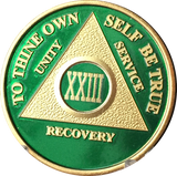 AA Medallion Green Gold Plated Year 1 - 65 Alcoholics Anonymous Chip - RecoveryChip