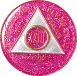 AA Medallion Pink Glitter Tri-Plate Sobriety Chip Year 1 - 45 - RecoveryChip