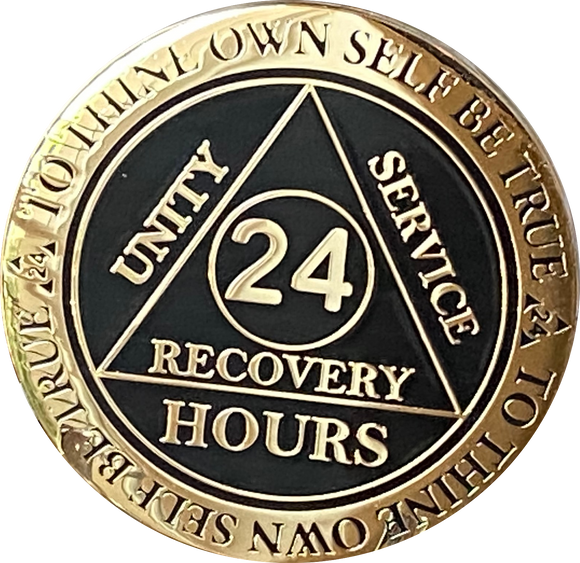 24 Hours AA Medallion Elegant Black Gold Plated Alcoholics Anonymous RecoveryChip Design - RecoveryChip
