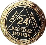 24 Hours AA Medallion Elegant Black Gold Plated Alcoholics Anonymous RecoveryChip Design - RecoveryChip