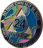 24 Hours AA Medallion Elegant Marble Tahiti Teal Blue Pink and Aqua Glitter Sobriety Chip