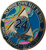 24 Hours AA Medallion Elegant Marble Tahiti Teal Blue Pink and Aqua Glitter Sobriety Chip