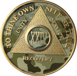 Camo & Gold Plated AA Medallion Any Year or Month 1 - 65 Alcoholics Anonymous Chip - RecoveryChip
