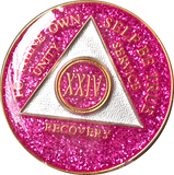 AA Medallion Pink Glitter Tri-Plate Sobriety Chip Year 1 - 45 - RecoveryChip