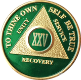 AA Medallion Green Gold Plated Year 1 - 65 Alcoholics Anonymous Chip - RecoveryChip