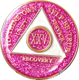 AA Medallion Pink Glitter Tri-Plate Sobriety Chip Year 1 - 45 - RecoveryChip