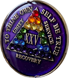 25 Year AA Medallion Purple Tri-plate Rainbow Crystal Sobriety Chip