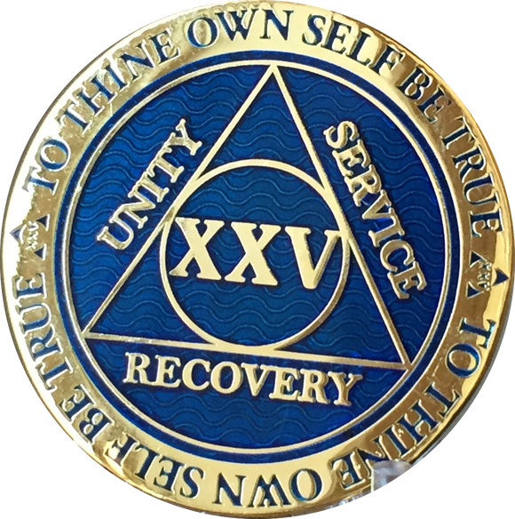 25 Year AA Medallion Reflex Blue Gold Plated Alcoholics Anonymous RecoveryChip Design - RecoveryChip