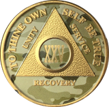 Camo & Gold Plated AA Medallion Any Year or Month 1 - 65 Alcoholics Anonymous Chip - RecoveryChip