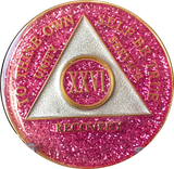 AA Medallion Pink Glitter Tri-Plate Sobriety Chip Year 1 - 45 - RecoveryChip