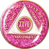 AA Medallion Pink Glitter Tri-Plate Sobriety Chip Year 1 - 45 - RecoveryChip