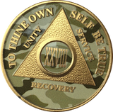 Camo & Gold Plated AA Medallion Any Year or Month 1 - 65 Alcoholics Anonymous Chip - RecoveryChip