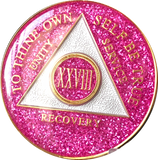 AA Medallion Pink Glitter Tri-Plate Sobriety Chip Year 1 - 45 - RecoveryChip