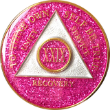 AA Medallion Pink Glitter Tri-Plate Sobriety Chip Year 1 - 45 - RecoveryChip