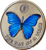 1 2 3 4 5 6 7 8 9 or 10 Year Blue Butterfly One Day At A Time Serenity Prayer Medallion Coin