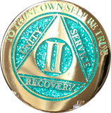 1 - 10 Year AA Medallion Elegant Glitter Aqua Turquoise Gold & Silver Plated Sobriety Chip - RecoveryChip