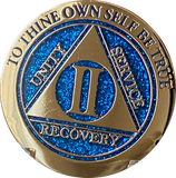 1 2 3 4 or 5 Year AA Medallion Elegant Blue Glitter Gold Sobriety Chip