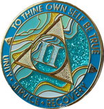 1 - 46 Year AA Medallion Elegant Caribbean Aqua Glitter Teal Marble Gold Sobriety Chip