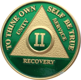 AA Medallion Green Gold Plated Year 1 - 65 Alcoholics Anonymous Chip - RecoveryChip