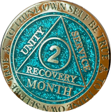 1 2 3 6 9 or 18 Month AA Medallion Reflex Aqua Glitter Gold Plated Sobriety Chip