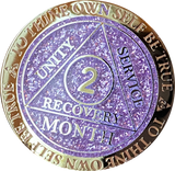 1 2 3 6 9 or 18 Month AA Medallion Reflex Purple Lavender Glitter Gold Plated Sobriety Chip