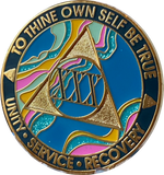 30 Year AA Medallion Elegant Tahiti Teal Blue and Pink Marble Gold Sobriety Chip