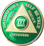 AA Medallion Green Gold Plated Year 1 - 65 Alcoholics Anonymous Chip - RecoveryChip