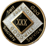 30 Year Official NA Chip Black Silver Glitter Narcotics Anonymous Sobriety Medallion