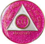 AA Medallion Pink Glitter Tri-Plate Sobriety Chip Year 1 - 45 - RecoveryChip