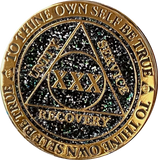 30 Year AA Medallion Reflex Black Glitter Gold Plated Sobriety Chip XXX
