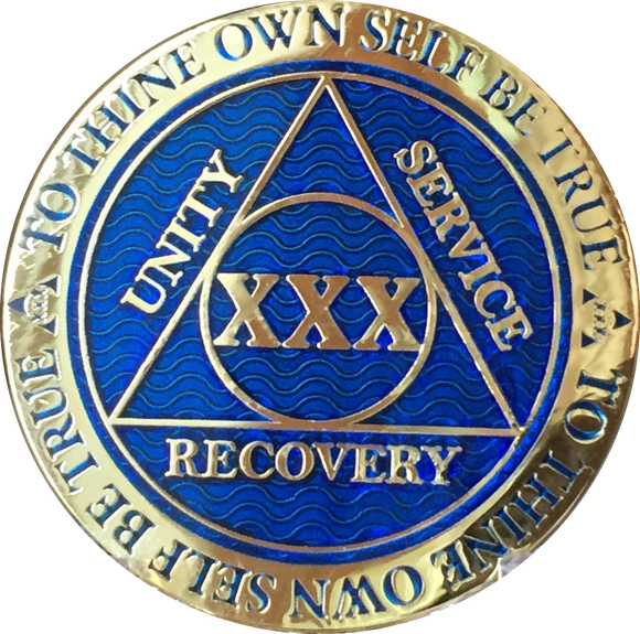 30 Year AA Medallion Reflex Blue Gold Plated Alcoholics Anonymous RecoveryChip Design - RecoveryChip