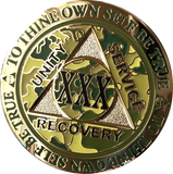 1 - 15 25 and 30 Year Reflex Camo Gold Plated AA Medallion Camouflage Sobriety Chip - RecoveryChip