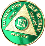 AA Medallion Green Gold Plated Year 1 - 65 Alcoholics Anonymous Chip - RecoveryChip