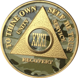 Camo & Gold Plated AA Medallion Any Year or Month 1 - 65 Alcoholics Anonymous Chip - RecoveryChip