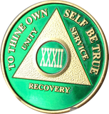 AA Medallion Green Gold Plated Year 1 - 65 Alcoholics Anonymous Chip - RecoveryChip