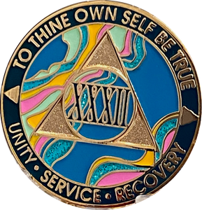 32 Year AA Medallion Elegant Tahiti Teal Blue and Pink Marble Gold Sobriety Chip