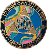 32 Year AA Medallion Elegant Tahiti Teal Blue and Pink Marble Gold Sobriety Chip
