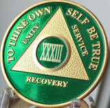 AA Medallion Green Gold Plated Year 1 - 65 Alcoholics Anonymous Chip - RecoveryChip