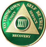 AA Medallion Green Gold Plated Year 1 - 65 Alcoholics Anonymous Chip - RecoveryChip
