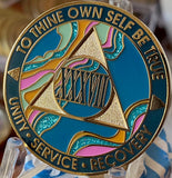 37 Year AA Medallion Elegant Tahiti Teal Blue and Pink Marble Gold Sobriety Chip