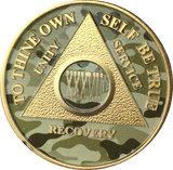 Camo & Gold Plated AA Medallion Any Year or Month 1 - 65 Alcoholics Anonymous Chip - RecoveryChip