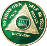 AA Medallion Green Gold Plated Year 1 - 65 Alcoholics Anonymous Chip - RecoveryChip
