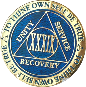 39 Year AA Medallion Reflex Blue Gold Plated Alcoholics Anonymous RecoveryChip Design - RecoveryChip