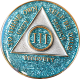 AA Medallion Aqua Blue Glitter Tri-Plate Sobriety Chip Year 1 - 45 - RecoveryChip