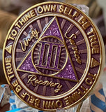 3 Year AA Medallion Cosmic Purple Glitter Gold Plated Sobriety Chip