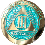 1 - 10 Year AA Medallion Elegant Glitter Aqua Turquoise Gold & Silver Plated Sobriety Chip - RecoveryChip
