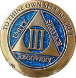 1 2 3 4 or 5 Year AA Medallion Elegant Blue Glitter Gold Sobriety Chip